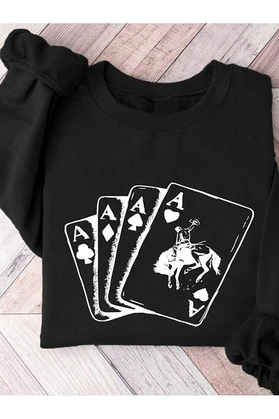 MODARİCH Winter Black Oversize Sweatshirt - as Cards Printed, Raised Crew Neck