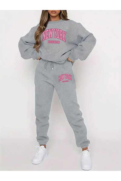 MODARİCH Σετ αθλητική φόρμα New York Brooklyn Grey με στάμπα Oversize - Crew λαιμόκοψη, λαστιχένιο πόδι