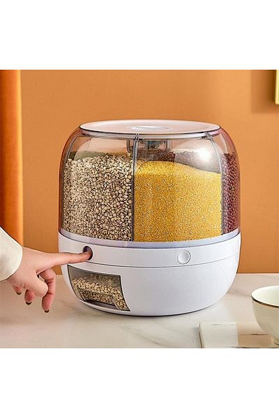 6-Grid 360° Rotating Rice Dispenser, 6KG Moisture-Proof Grain Storage Box,Insect-Proof Organizer