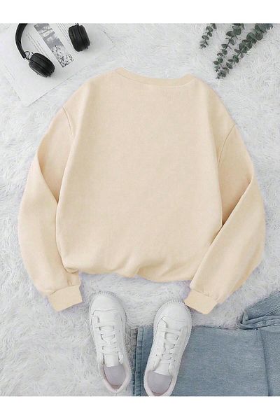 MODARİCH Beige Oversize Sweatshirt - Xoxo Winter, Raised Crew Neck