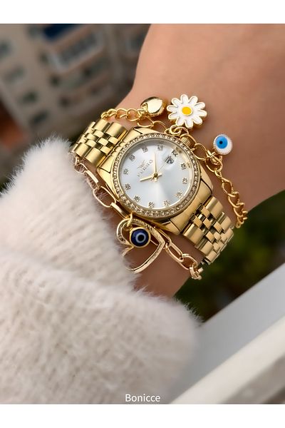 FERRO Brand Yellow Color Steel Cord with Stones Small Case Women's Wristwatch Heart Bracelet