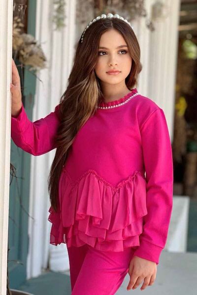 Minigimin Cicileri Stone Detailed Girl's Set with Slit Pants - Fuchsia