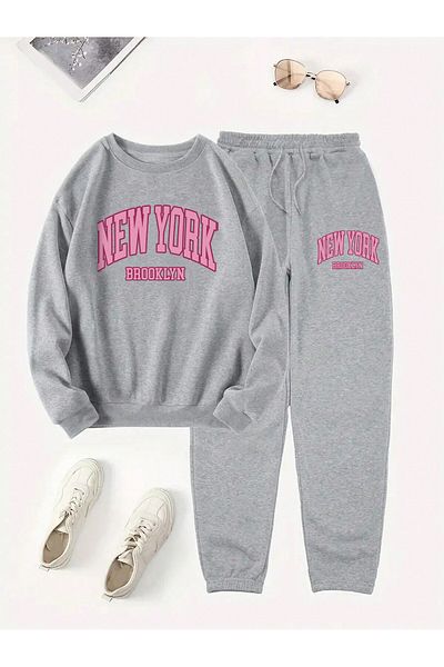 MODARİCH Σετ αθλητική φόρμα New York Brooklyn Grey με στάμπα Oversize - Crew λαιμόκοψη, λαστιχένιο πόδι