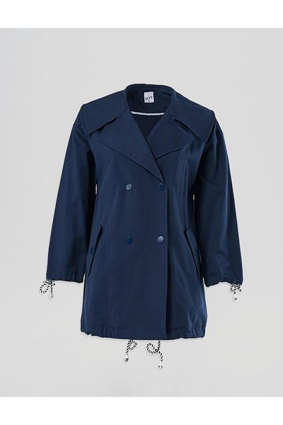 Kayra Buttoned Wide Collar Trench Coat Dark Navy