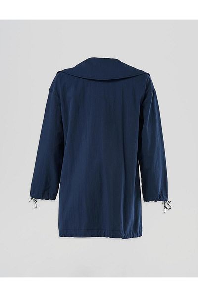 Kayra Buttoned Wide Collar Trench Coat Dark Navy