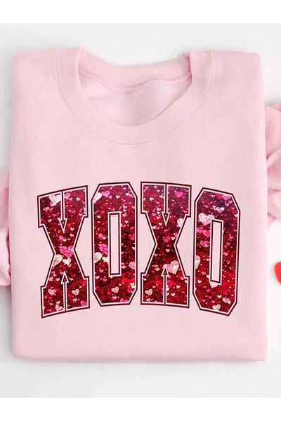 MODARİCH Xoxo Winter Sweatshirt - Pink Printed Oversize Raised Crew Neck
