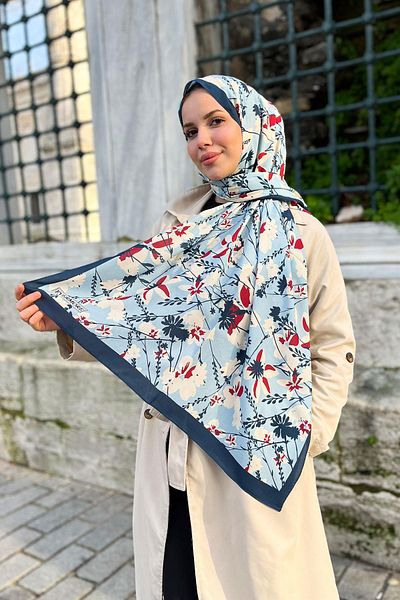 EVERMORE Şal cu model de primăvară proaspătă - EM001-19 - Albastru şi Burgundy