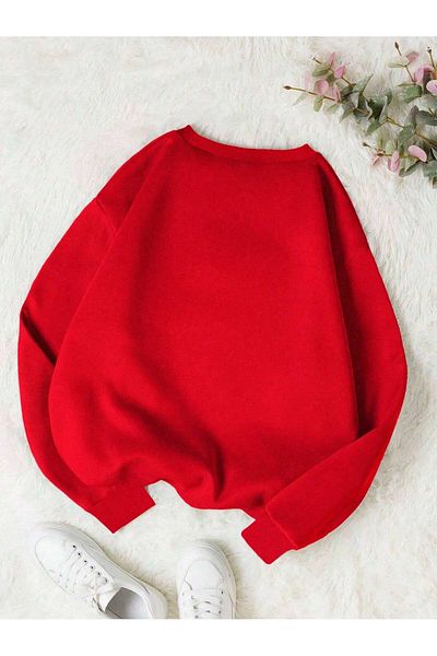 MODARİCH Xoxo Winter Sweatshirt - Red Printed Oversize Raised Crew Neck