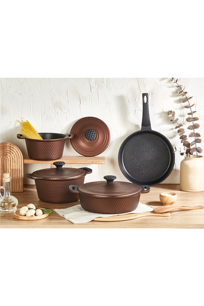 OMS Trıana - 3537 - 9 Parça Biogranit, Döküm, Tencere , Tava, Çeyiz Seti - Bronz Renk