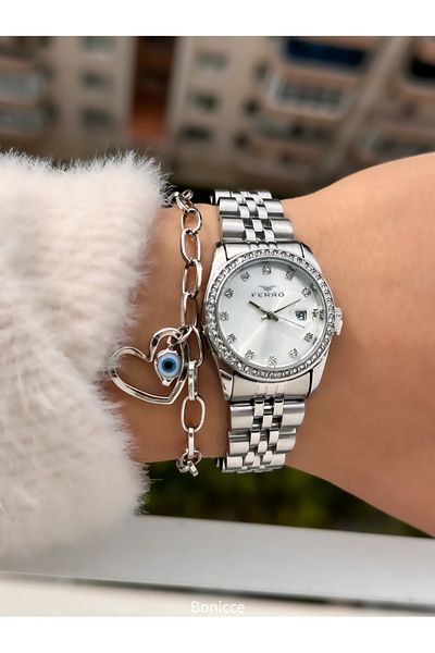 FERRO Brand Silver Color Steel Band with Rhinestone Small Case Women's Wristwatch Heart Bracelet