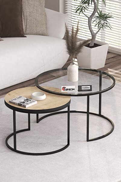 Tapacım Rİga Temperli Şeffaf Cam , Safir Meşe Renk 2li Orta Sehpa 70x55