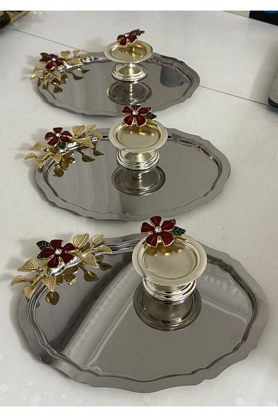 SEVA ÇELİK 3 Adept Red Floral Steel Oval Presentation Tray with Silver Tub