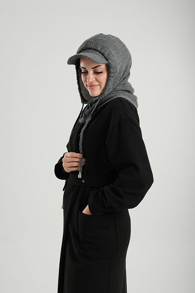 HÜRREM BONE Anthracite Lace-Up Plush Loose Cap Balaklava Neck Collar Beanie Jacquard Plain 2332_25