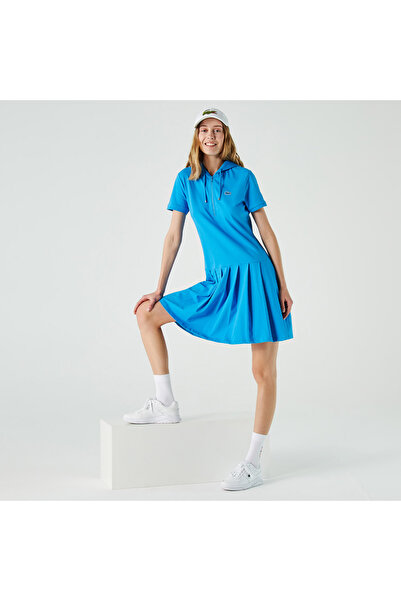 Lacoste Kadın Loose Fit Kısa Kollu Kapüşonlu Fermuarlı Mavi Elbise
