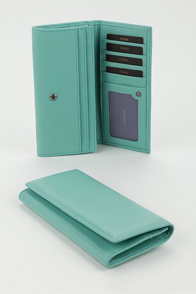 Fossil Boxed Genuine Leather Water Green Large Size Women's Hand Portfolio Card Holder Wallet
