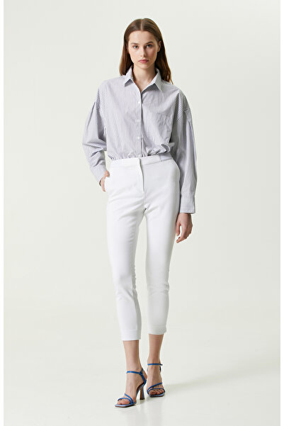 Network Beyaz Beli Lastikli Dar Paça Pantolon