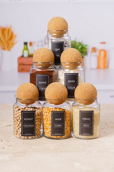 KRM HOME 800ml Glass Food Jar - 6-Piece Storage Set with Label and Cork Lid