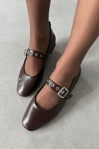 STRASWANS Jules Brown Women's Leather Ballerinas - Belt Detailed