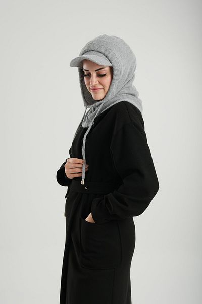 HÜRREM BONE Grey Lace-Up Plush Loose Cap Balaklava Neck Collar Beanie Jacquard Plain 2332_15