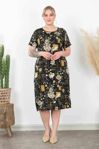Mooi XXL Women's Black Mustard Rose Pattern Midi Dress