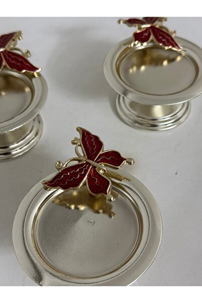 SEVA ÇELİK Silver Color 6 Pieces Red Butterfly Macaron Holder Coffee Side