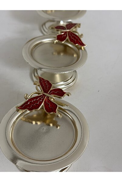 SEVA ÇELİK Silver Color 6 Pieces Red Butterfly Macaron Holder Coffee Side