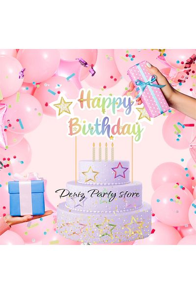 Deniz Party Store Happy Birthday Macaron Colorful Decoration Stick Cake