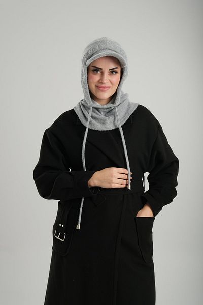 HÜRREM BONE Grey Lace-Up Plush Loose Cap Balaklava Neck Collar Beanie Jacquard Plain 2332_15