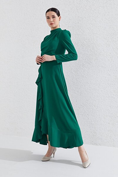 Genel Markalar Dadali Eteği Volanlı Beli Taşlı Elbise Zümrüt Yeşili