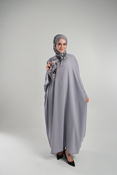 HÜRREM BONE Γκρι μανίκι νυχτερίδας Oversize Medina Silk ίσιο φόρεμα με κουμπιά στην πλάτη 4001_15