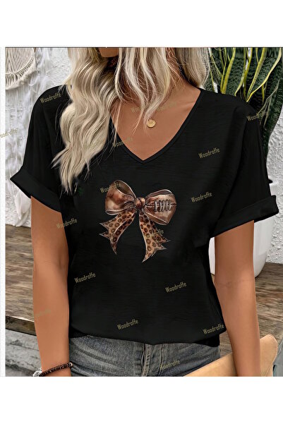 WOODROFFE Tricou de damă, negru, alb, cu decolteu în V, cu imprimeu leopard, ...