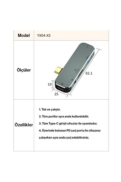 Techmaster Type-c Usb 3.1 Usb 3.0 Usb 2.0 Hdmi Pd 3.5m Giriş Çevirici Hub X5