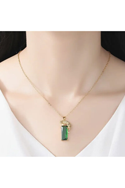 SE Jewellery Yeşil Leopar Dikdörtgen Kristal Şık Küpe Kolye Set