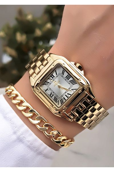 Homies HOMİES BRAND SQUARE GOLD COLOR WOMEN'S WATCH WITH BRACELET GIFT