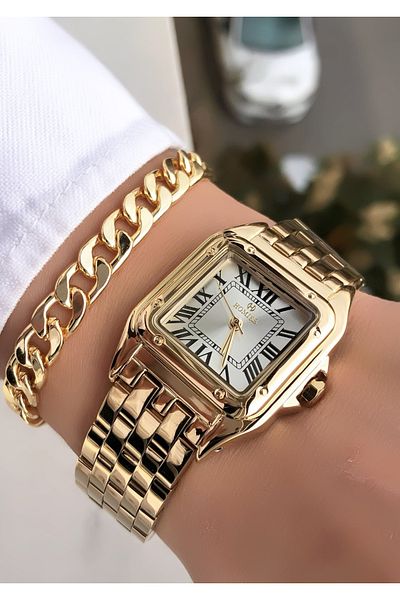 Homies HOMİES BRAND SQUARE GOLD COLOR WOMEN'S WATCH WITH BRACELET GIFT