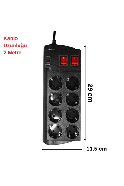 Techmaster 3 Usb Akım ve Çocuk Korumalı 8li Priz 2mt