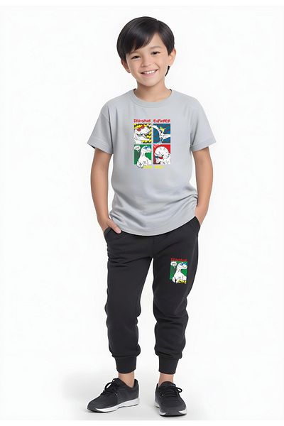 YA KO KİDS Dinosaur Explorer Printed Boys' Short Sleeve Double Pocket Bottom-Top Suit