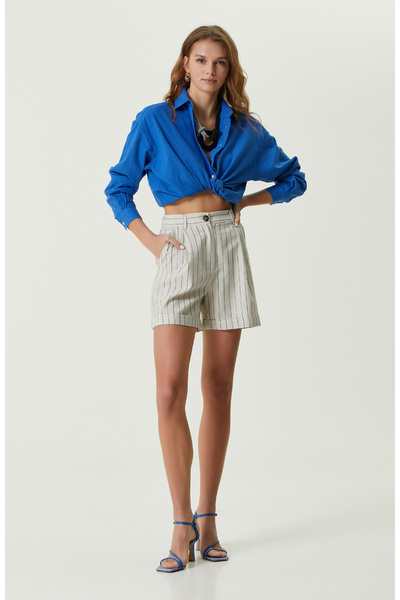 Network Bej Çizgili Diz Boyu Şort