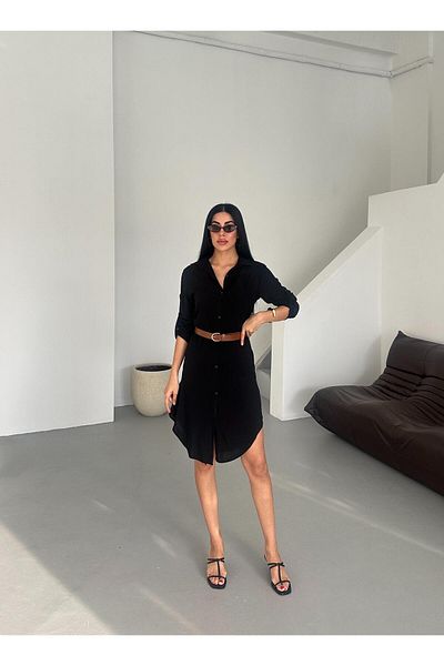Appleline Black Cotton Viscose Long Belted Tunic Dress