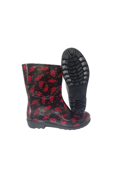 Emek Women's Black-Red Floral 23 cm Short Garden Rain Boots Emkk809-42
