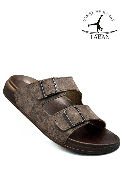 Moda Anna شبشب رجالي جلدي مريح بإبزيم مزدوج قابل للتعديل بعرض قابل للتعديل 25103 بني