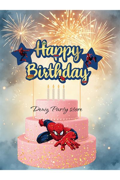 Deniz Party Store Spiderman Themed Happy Birthday Cake Columnar Cells with Sticks