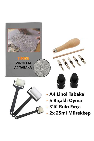 TİFOYS 2.5 mm 20X30 cm Linoleum Sheet - 3-Piece Sponge Roll and 5-Piece Carving Set Printing