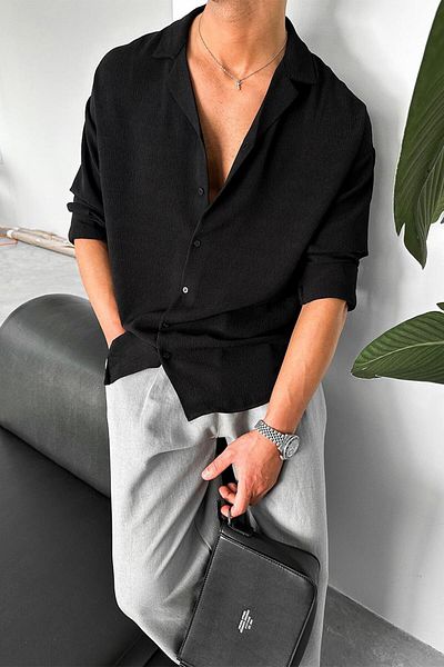 HAFKAGİYİM Μαύρο πουκάμισο με υφή με ραβδώσεις Basic Oversize