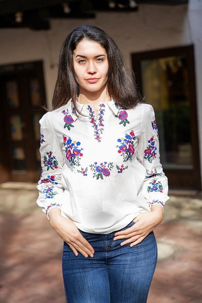 Miss Boheme White Blouse with Two Buttons on the Front and Floral Embroidery