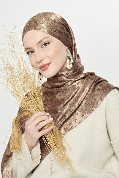 Scarf Parlak Jakar Çiçek Desen Şal - Kahve Bakır -
