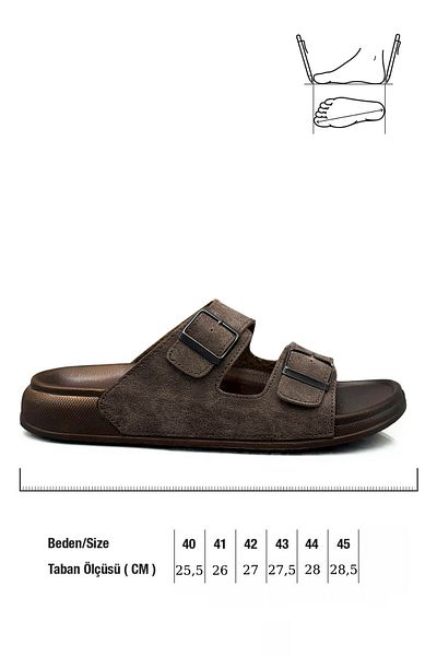 sermoda Double Buckle Adjustable Width Flexible Comfortable Leather Men's Slippers 25103 Coffee