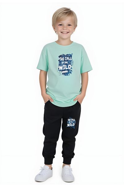 YA KO KİDS Wild Printed Boy's Short Sleeve Double Pocket Bottom-Top Set