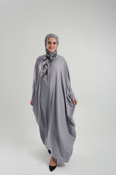 HÜRREM BONE Γκρι μανίκι νυχτερίδας Oversize Medina Silk ίσιο φόρεμα με κουμπιά στην πλάτη 4001_15