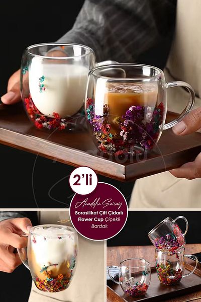 Anadolu Saray 2Pcs Heat Resistant Borosilicate Double Stones Dry Floral Cup Floral Coffee Presentation Cup